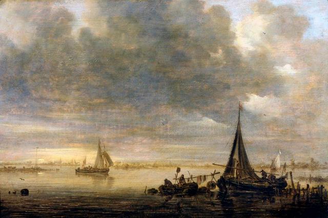 Jan van Goyen - An evening river landscape with a ferry