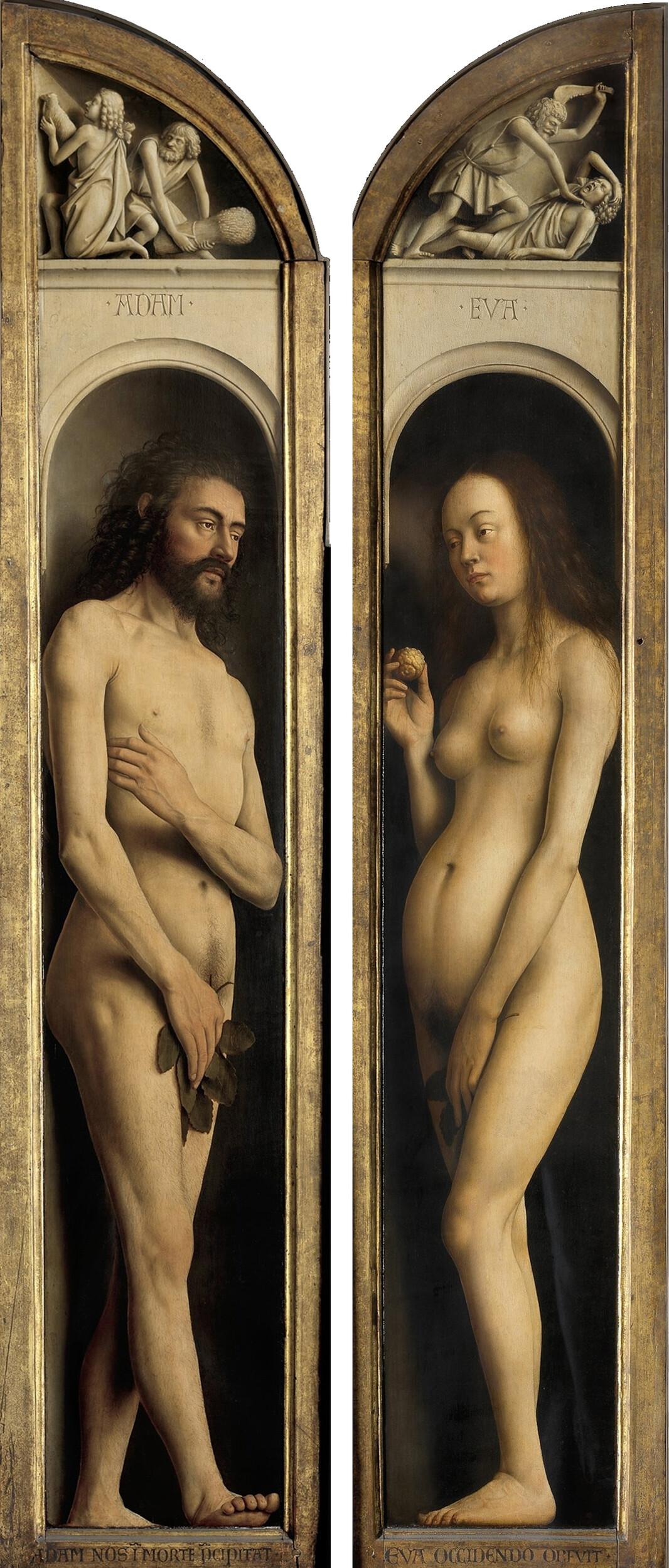 Jan van Eyck - Ghent Altarpiece (detail - top left panel: Adam and top right panel- Eve)