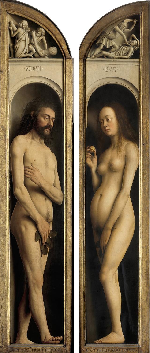 Jan van Eyck - Ghent Altarpiece (detail - top left panel- Adam and top right panel- Eve)