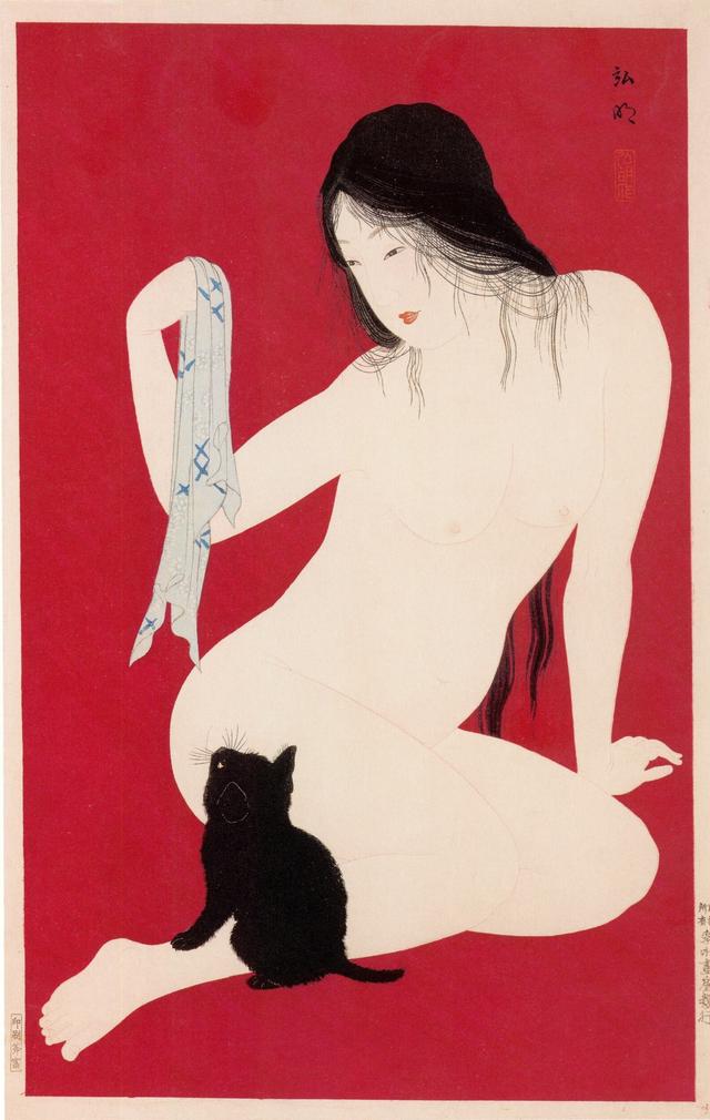 Takahashi Shotei - Nude playing with cat