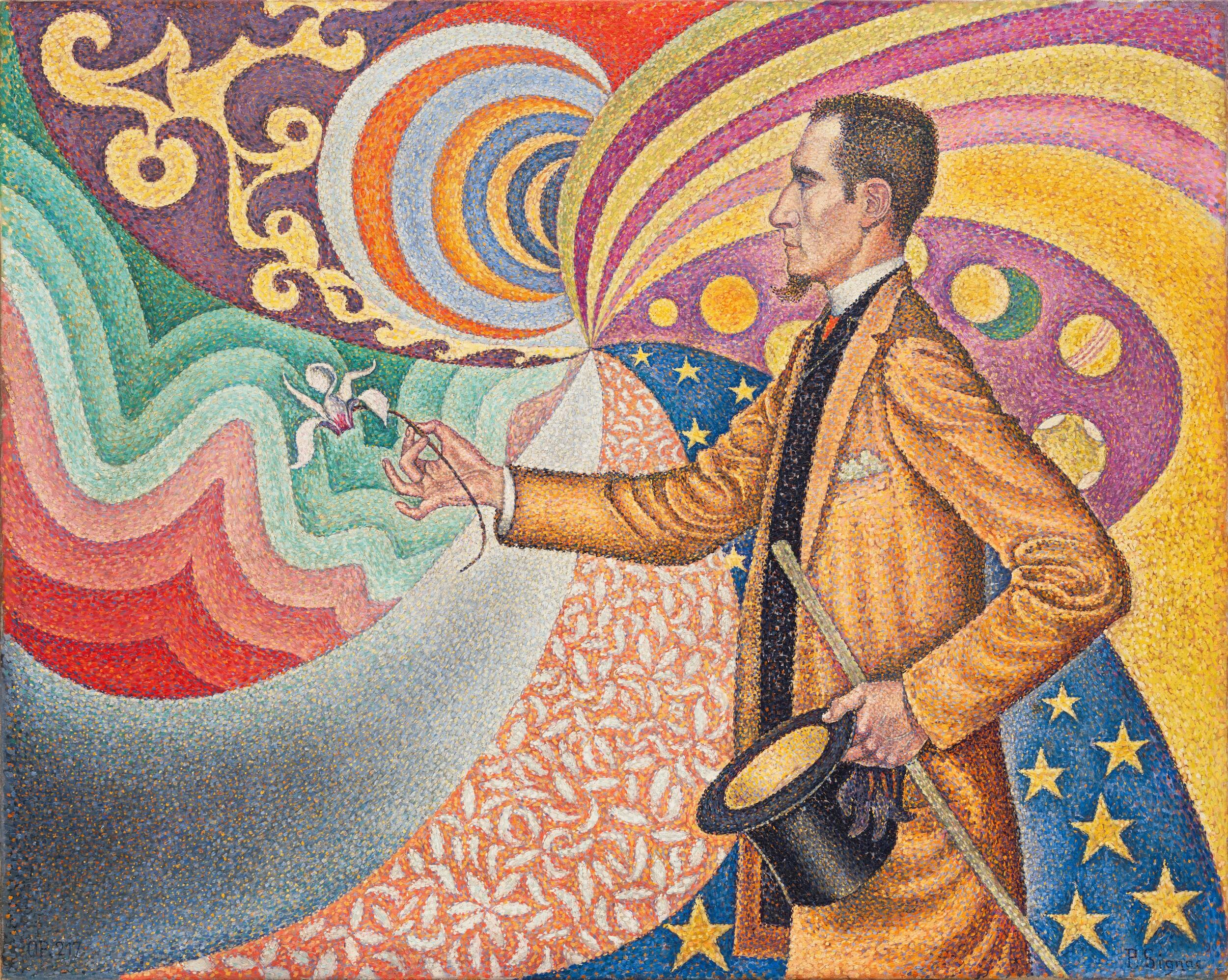 Paul Signac - Opus 217. Against the enamel of a background rhythmic with beats and angles, tones, and tints, portrait of M. Félix Fénéon in 1890