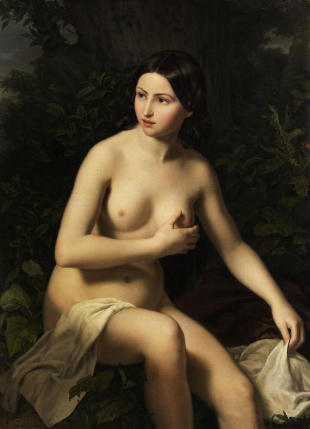 Ludwig Löffler - Sitting nude of a girl bathing