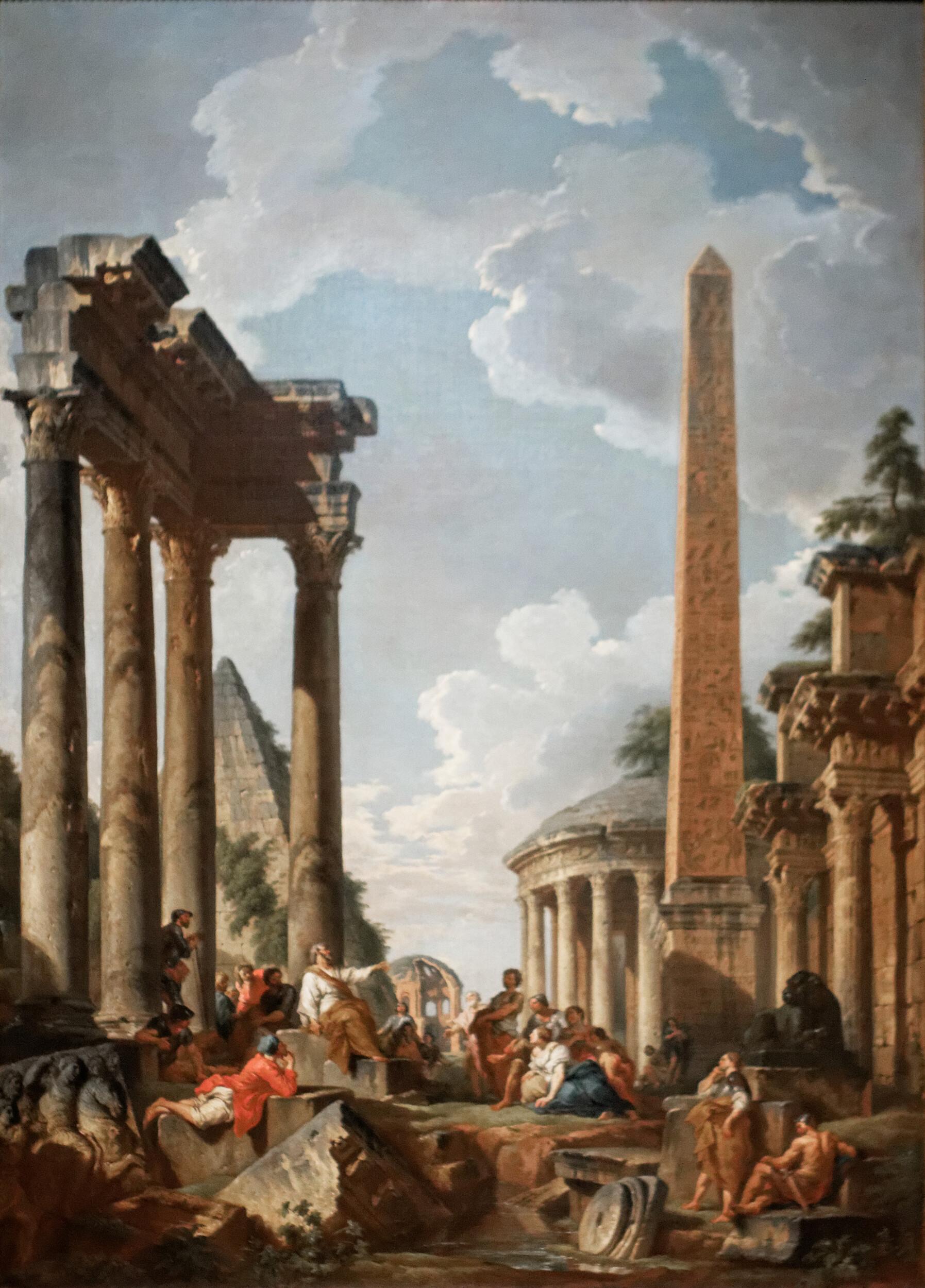 Giovanni Paolo Panini - Architectural capriccio with a preacher in Roman ruins