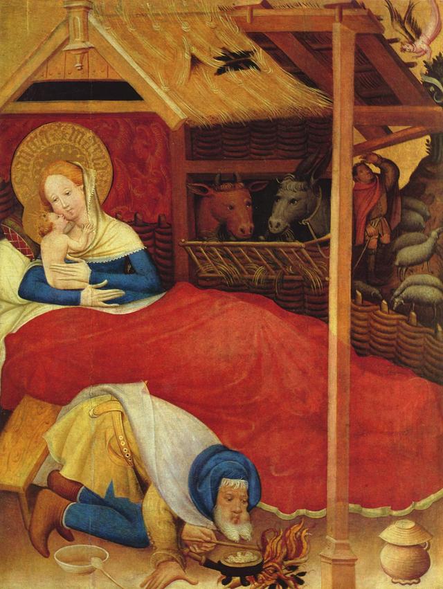 Conrad von Soest - Nativity (top-right detail of left panel of the Niederwildungen triptych altarpiece from Bad Wildungen)